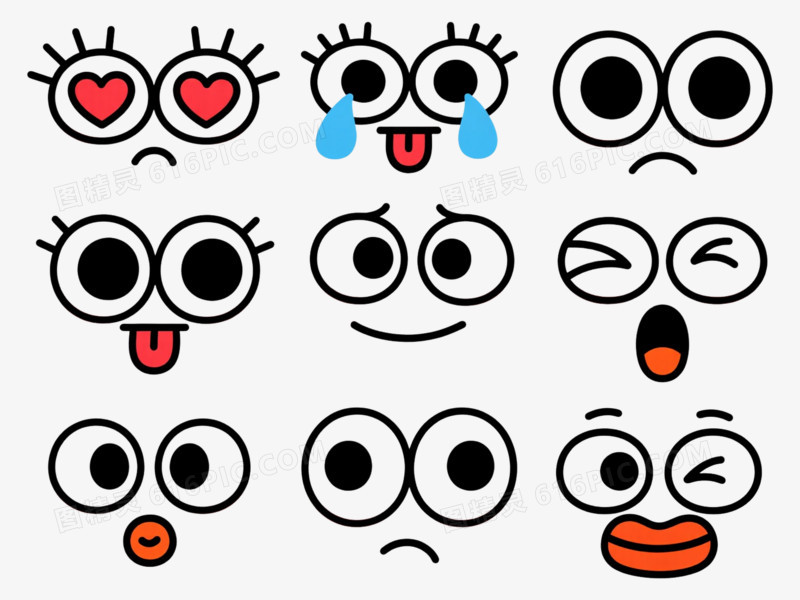 黑白大眼卡通表情脸卡通手绘元素