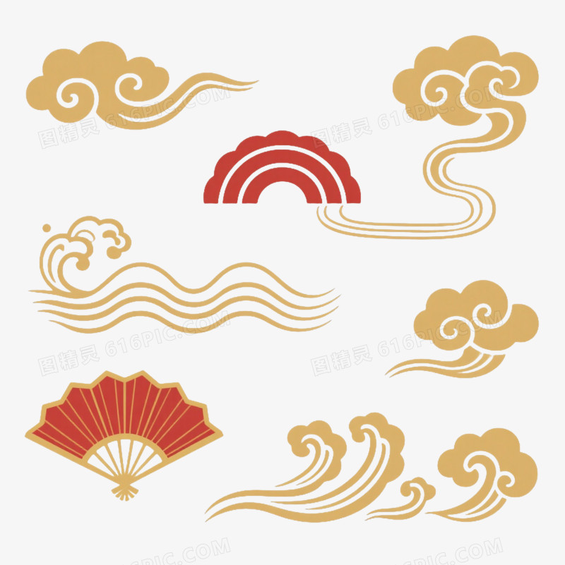 金色祥云海浪扇形纹样装饰图案
