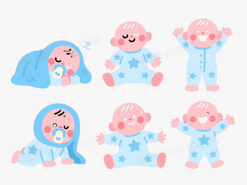 粉嫩婴儿六姿态卡通手绘元素
