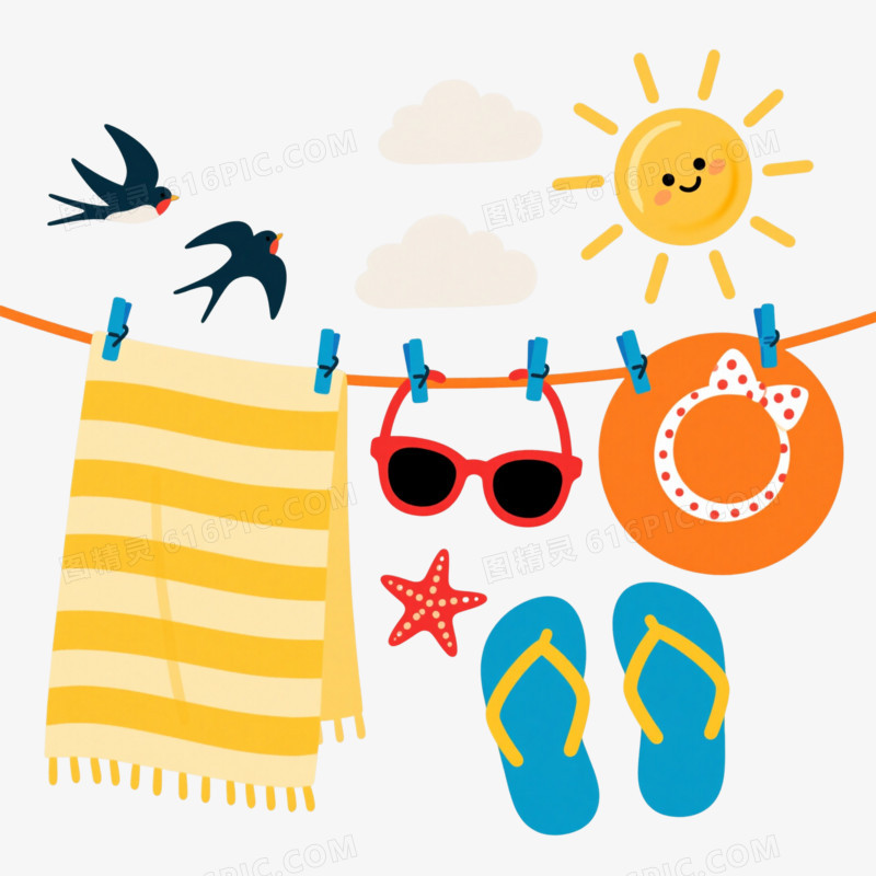 夏日海滩物品扁平插画元素