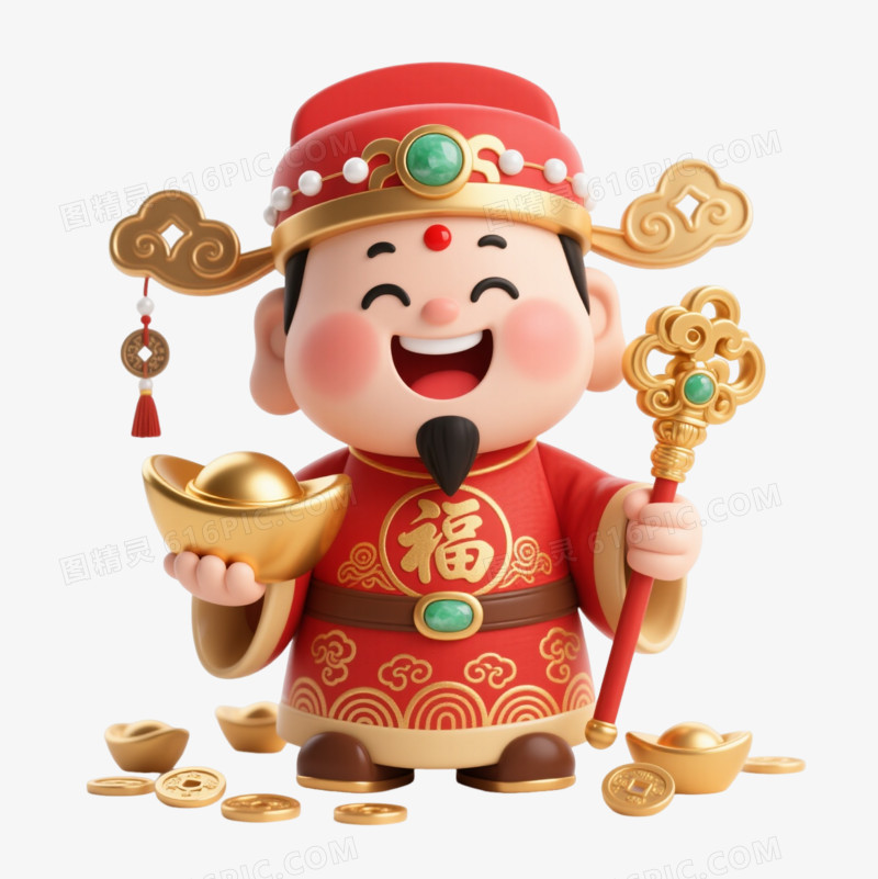 红金财神爷卡通手绘元素