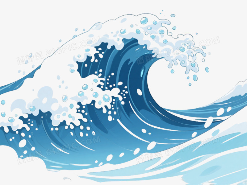 蓝白渐变海浪卡通手绘元素