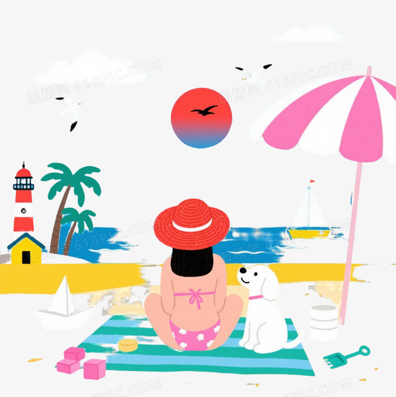 红帽女孩沙滩扁平插画元素