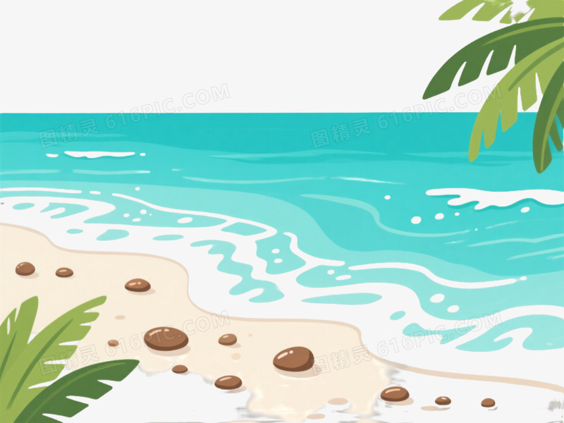 蓝绿海浪棕榈叶扁平插画元素