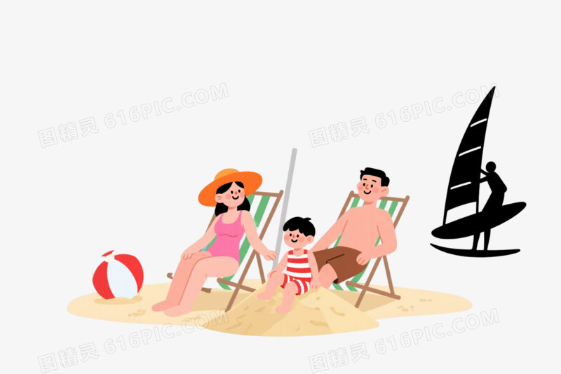 沙滩一家三口卡通手绘元素