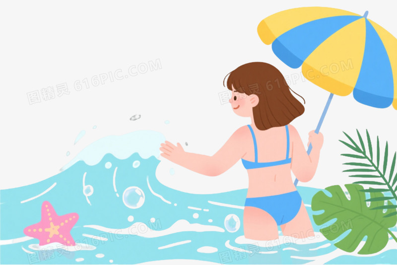 棕发女孩卡通手绘元素