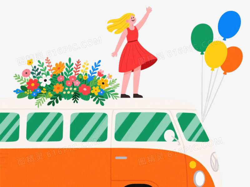 金发女孩扁平插画漂浮元素