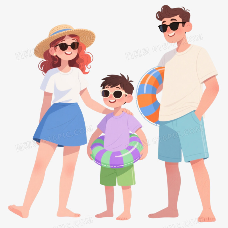 海边度假一家三口卡通手绘元素
