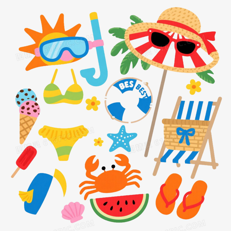 夏日海滩元素扁平插画元素