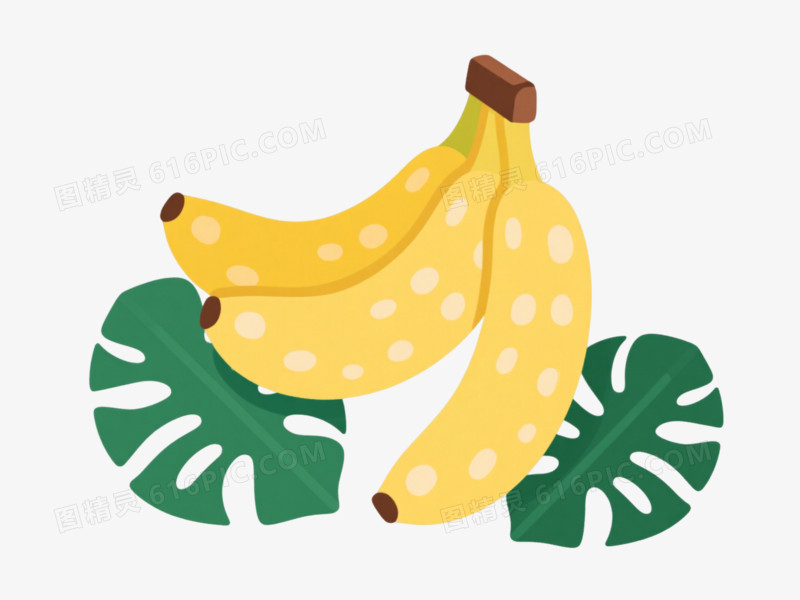 金黄香蕉绿叶扁平插画元素