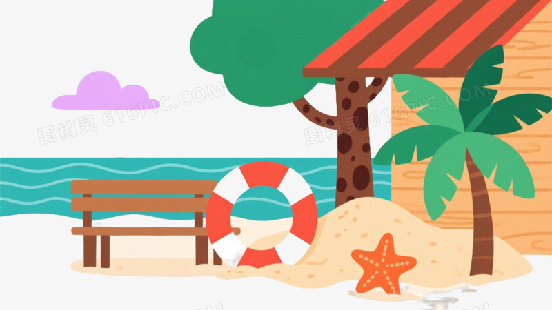 沙滩救生场景扁平插画元素