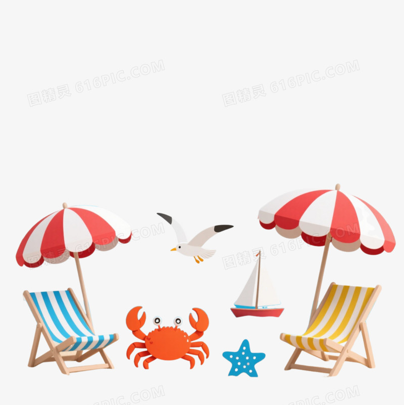 夏日海滩剪纸风格漂浮元素