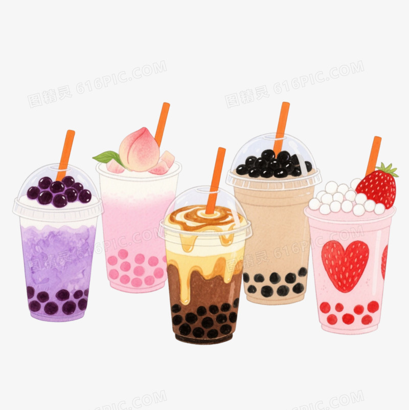 五杯手绘珍珠奶茶卡通手绘元素