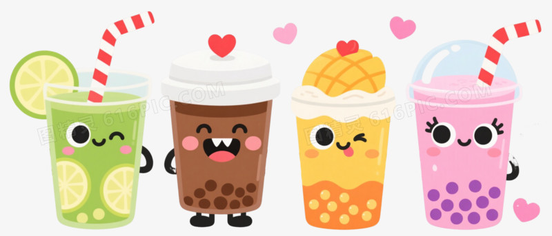 Q版拟人奶茶杯卡通手绘元素