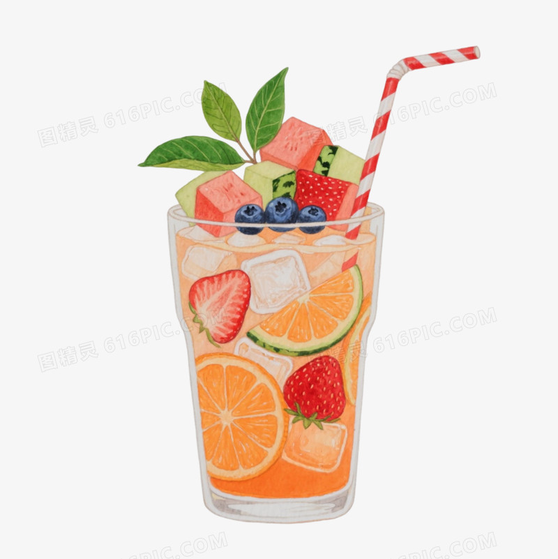 橙色水果茶水彩手绘元素