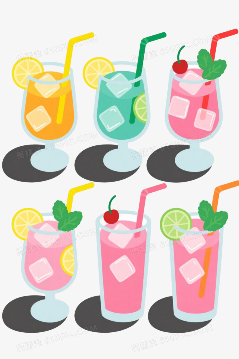 六杯夏日冰饮卡通手绘元素