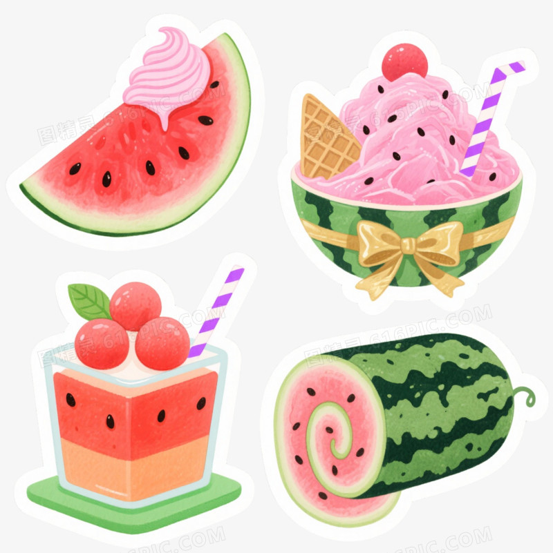 水彩风西瓜甜品卡通手绘元素