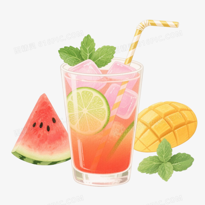 橙红冰饮水彩手绘元素