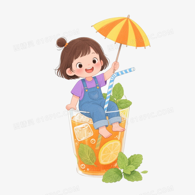 水彩风小女孩柠檬茶卡通手绘元素