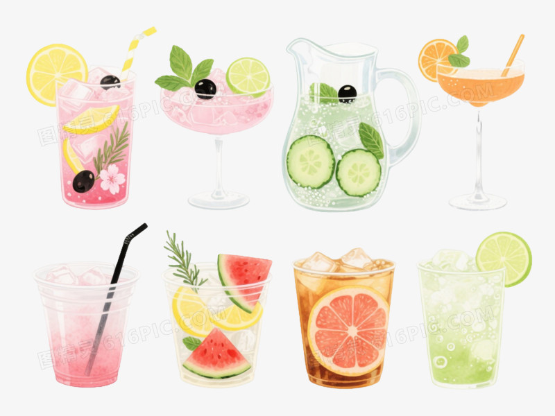 八杯手绘水彩冰饮卡通手绘元素