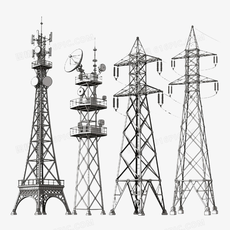 黑白线稿输电通信塔结构元素