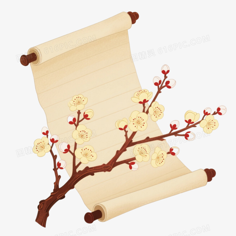 米黄卷轴梅枝中国风插画元素