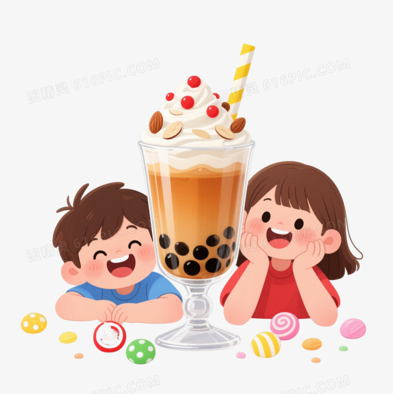 珍珠奶茶Q版插画卡通手绘元素