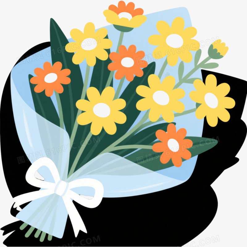 黄橙雏菊花束扁平插画元素