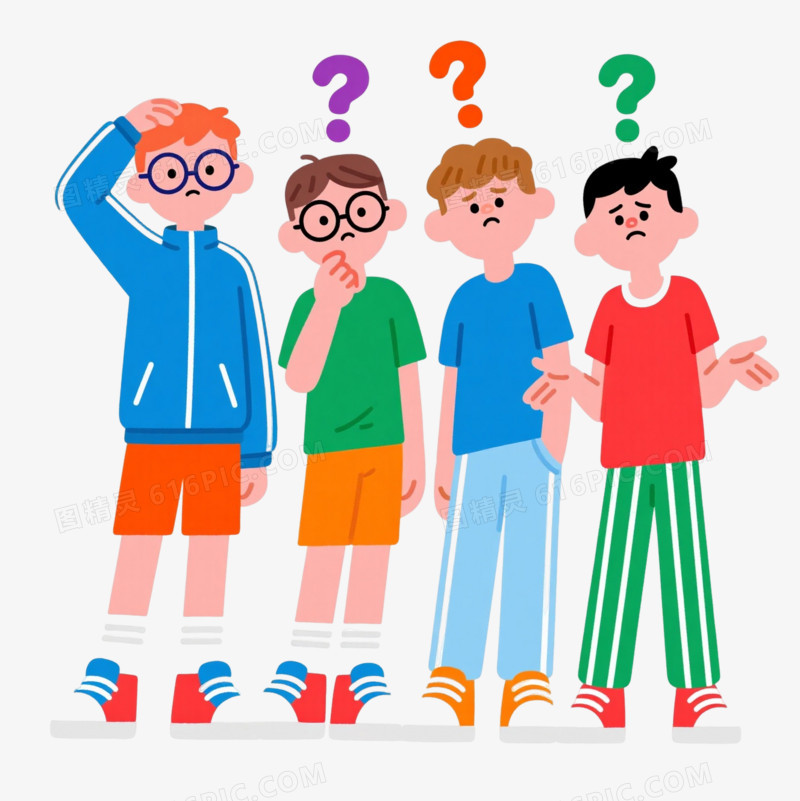 四困惑男孩扁平卡通手绘元素