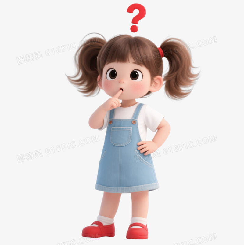 棕色双马尾Q版思考女孩漂浮元素