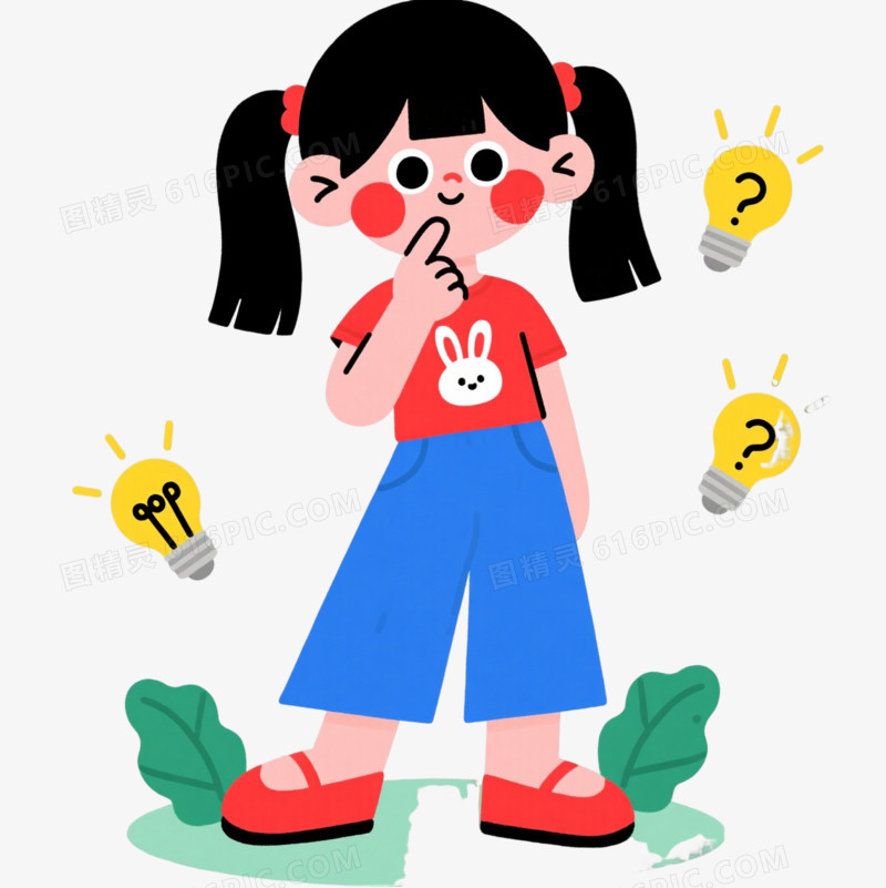 黑发少女思考状漂浮元素