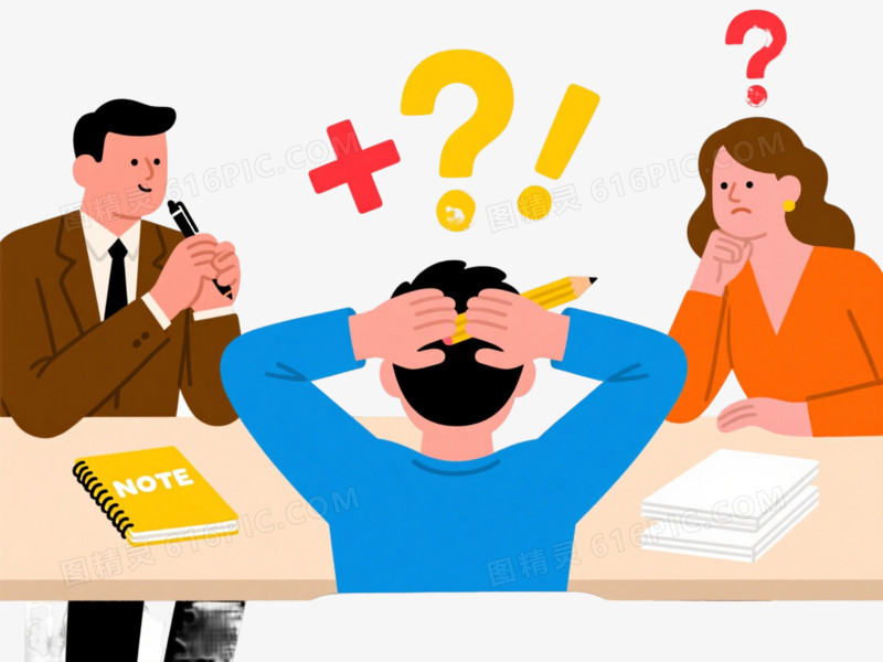 扁平插画思考人物漂浮元素