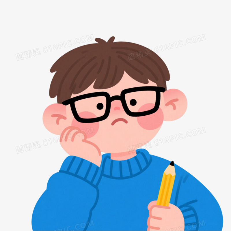 棕发男孩思考卡通手绘元素
