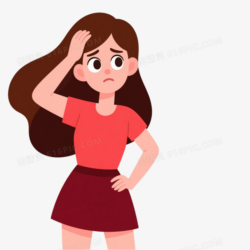 困惑女性扁平插画漂浮元素