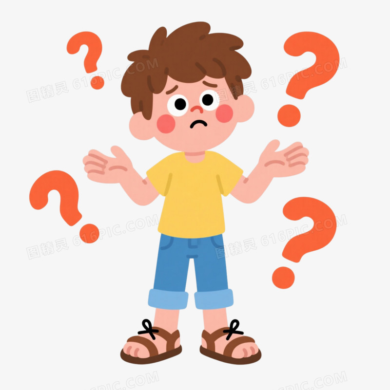困惑男孩扁平插画漂浮元素