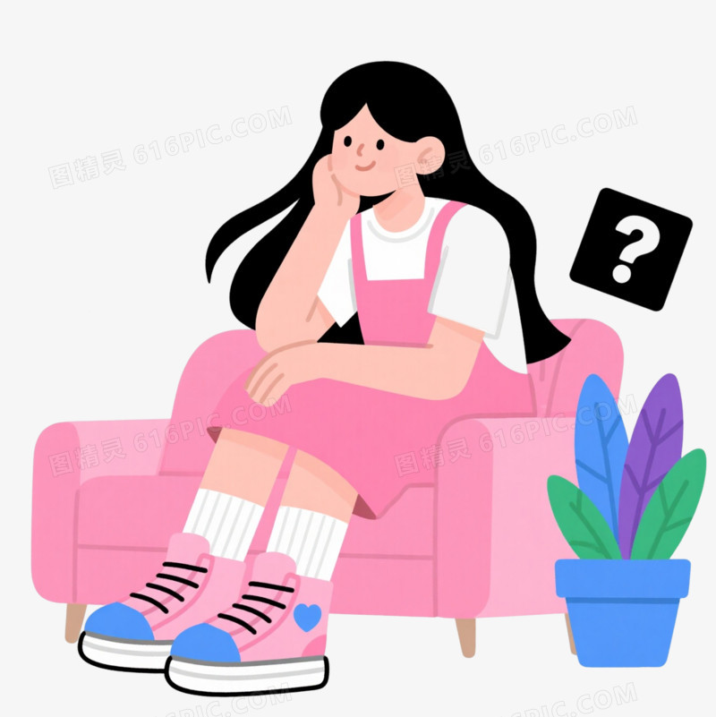 粉蓝配色女孩思考漂浮元素