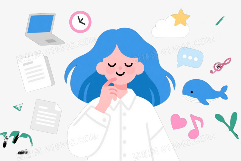 蓝发少女扁平插画漂浮元素