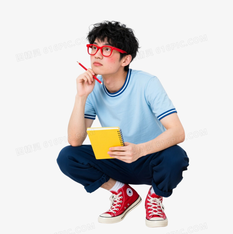 红框眼镜男思考漂浮元素