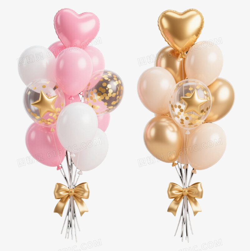 粉金气球束3D渲染漂浮元素