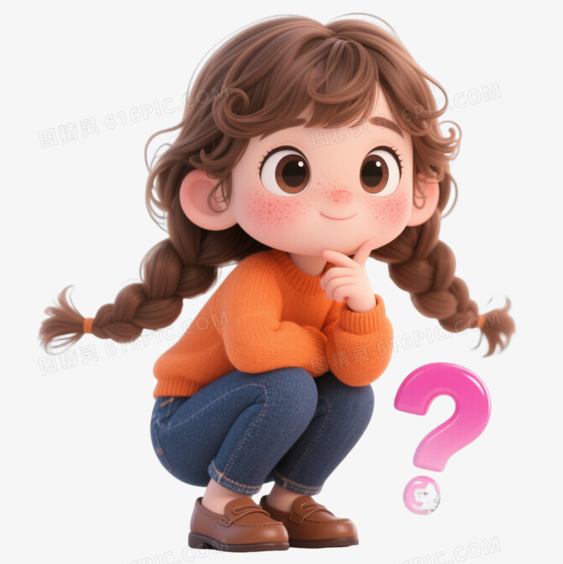 棕发雀斑女孩Q版插画漂浮元素