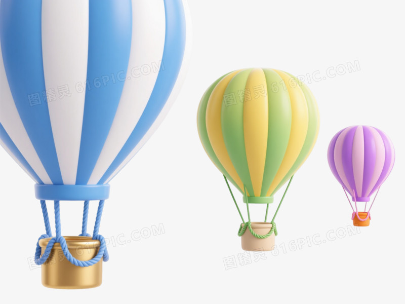 蓝黄粉三色热气球漂浮元素