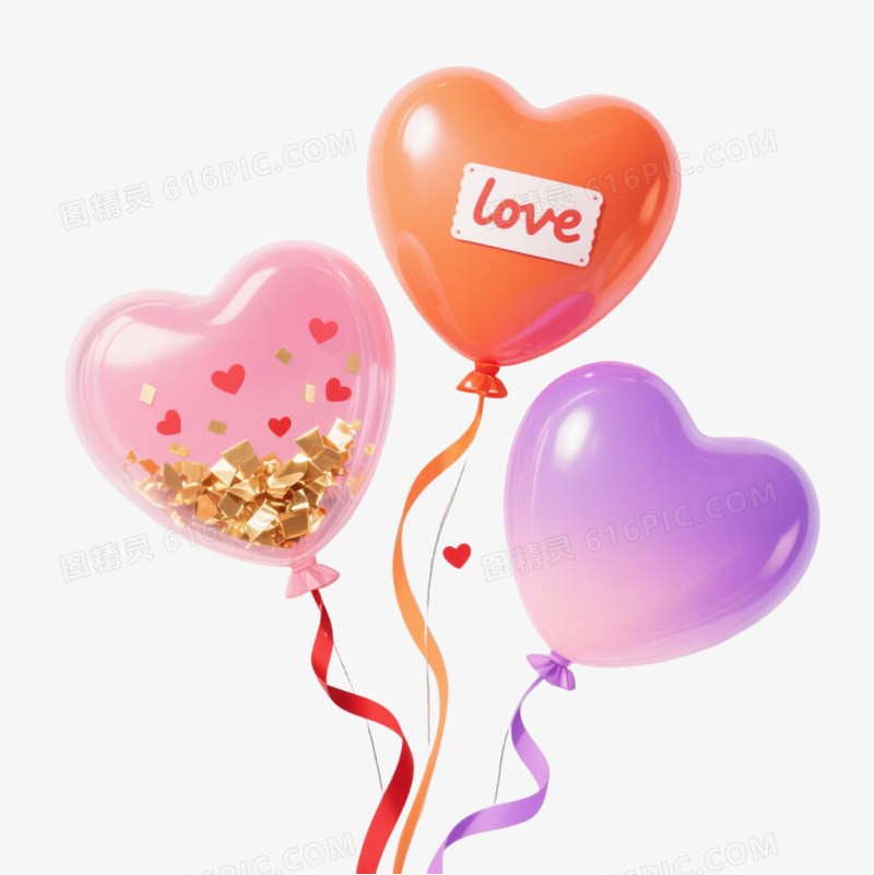 粉橙紫渐变心形气球漂浮元素