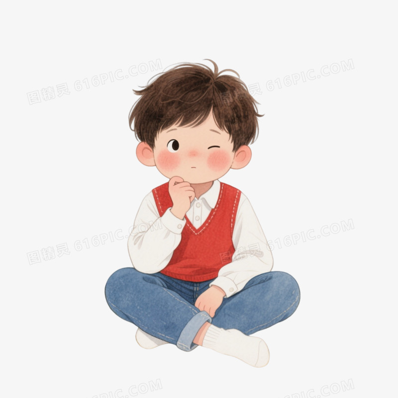 水彩风思考男孩卡通手绘元素