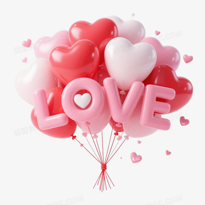 红粉白渐变心形气球束漂浮元素