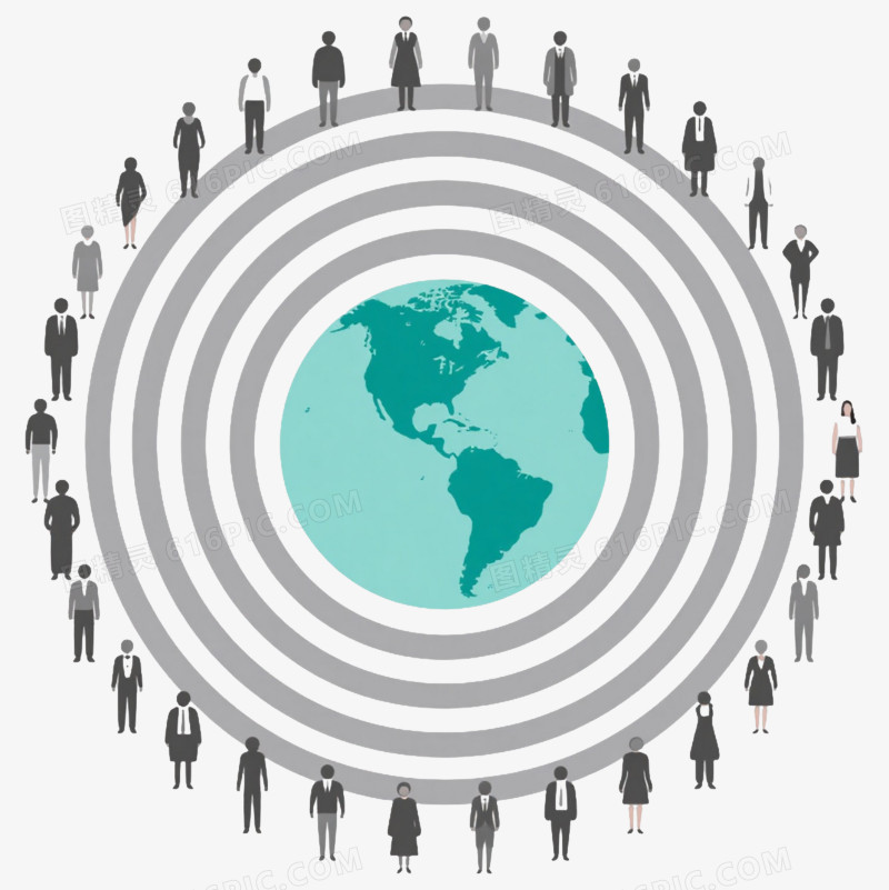 浅青绿地球仪放射人形漂浮元素