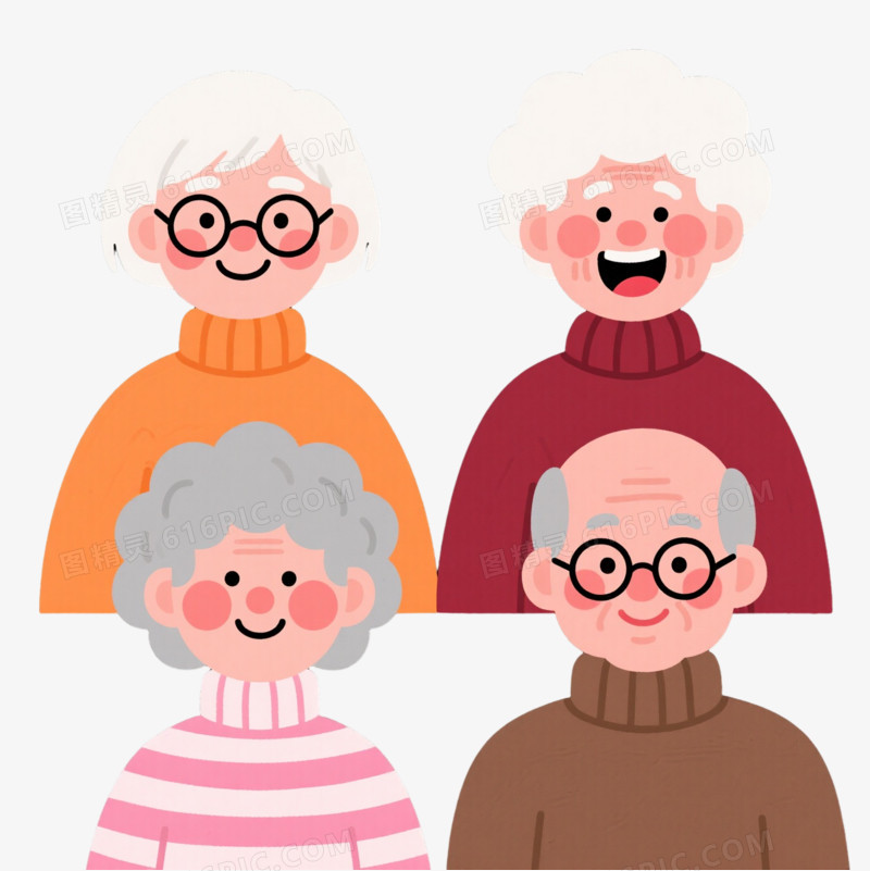 四位老年卡通人物头像卡通手绘元素