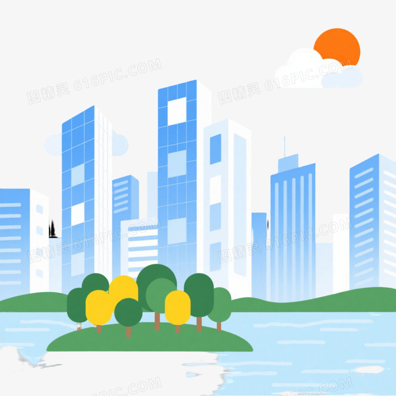 蓝白渐变城市天际线插画元素