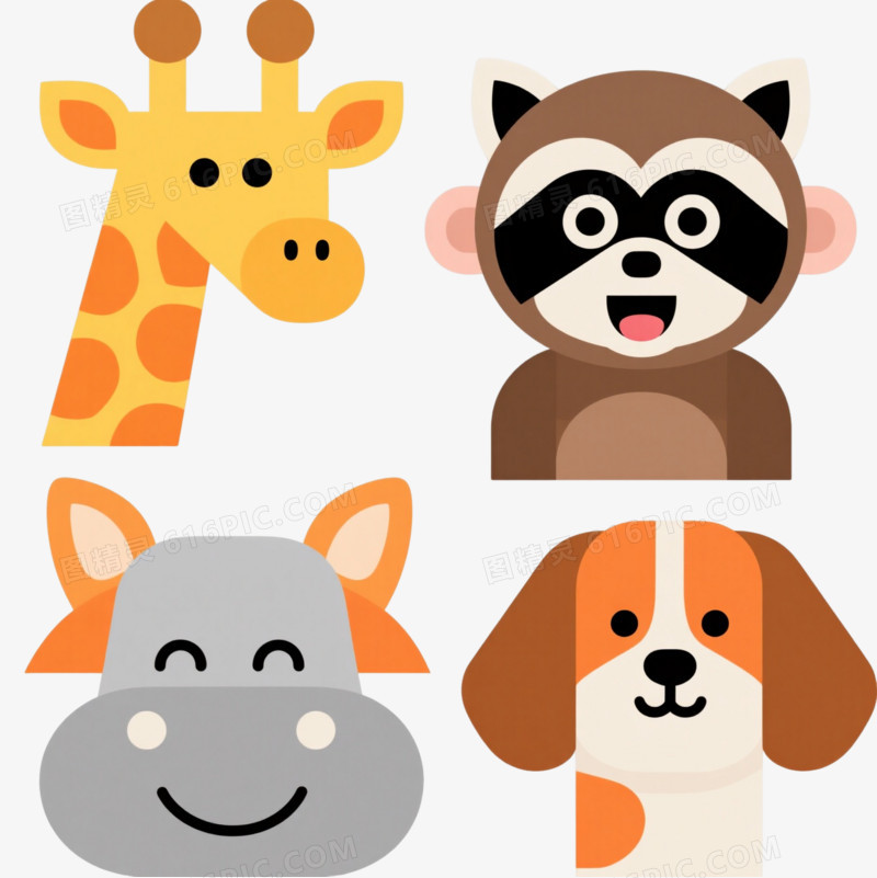 扁平风六动物头像卡通手绘元素