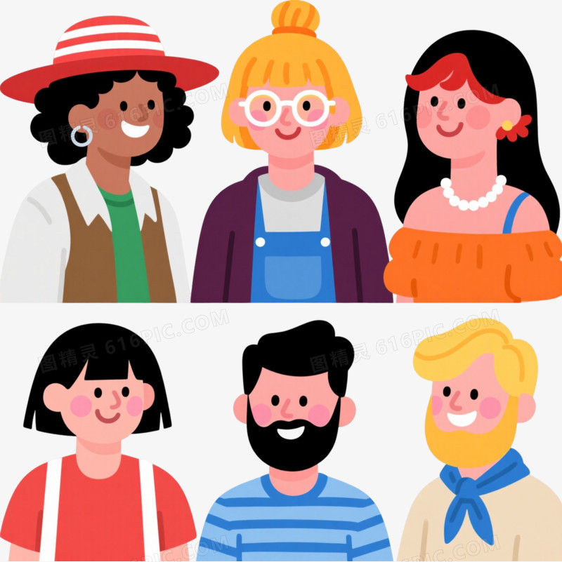 九位扁平插画人物头像卡通手绘元素