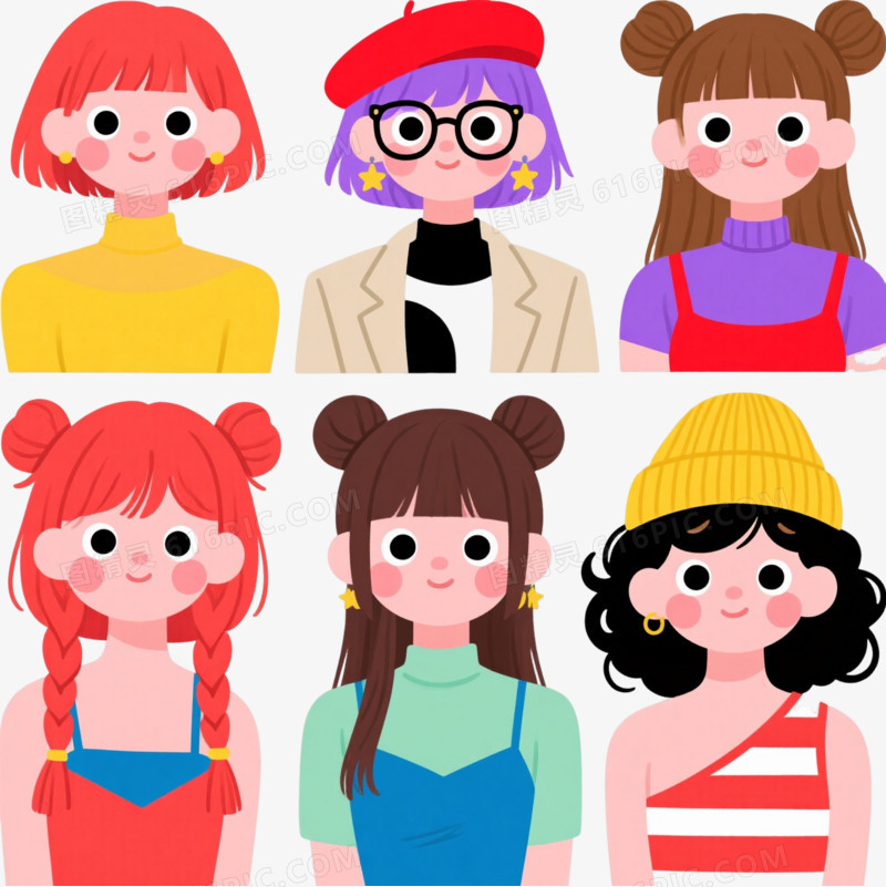 九位风格少女扁平插画元素